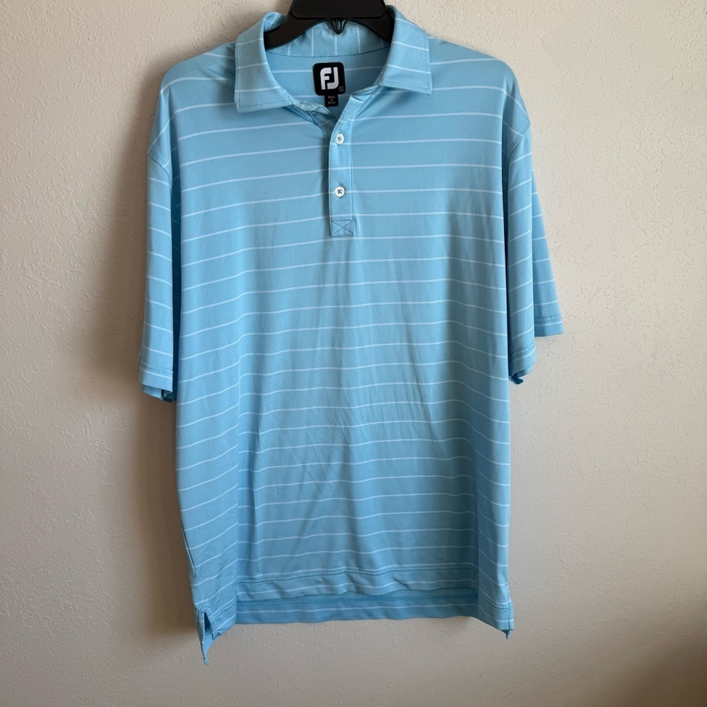 Men’s L Light Blue Striped FootJoy Breathable Golfing Stretch Sporty Polo